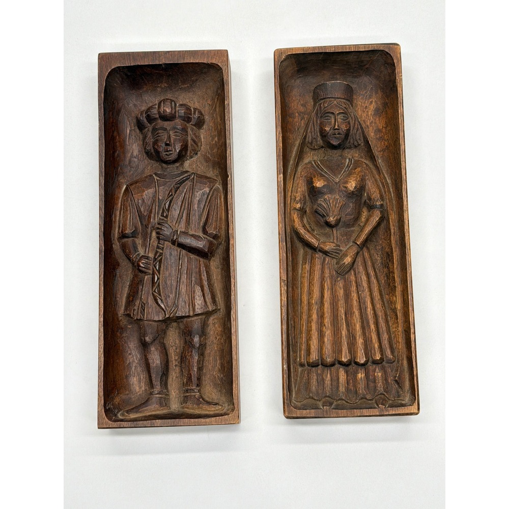Vintage Hand Carved Wooden Speculaas Cookie Molds Dutch Man Woman Set of 2